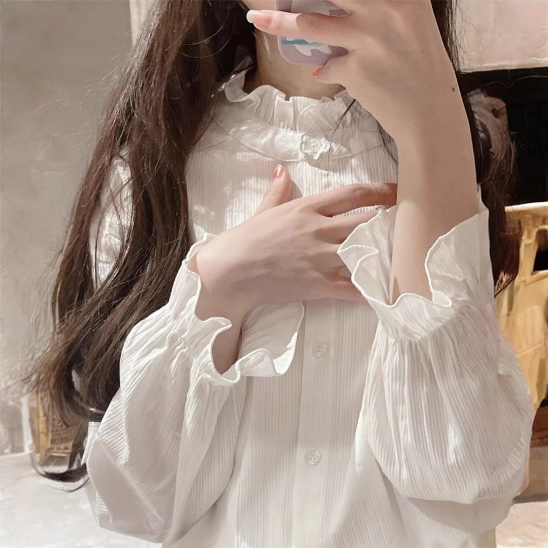 300斤胖mm大码蕾丝娃娃领女衬衫宽松开衫韩系小众洋气甜美衬衣潮2