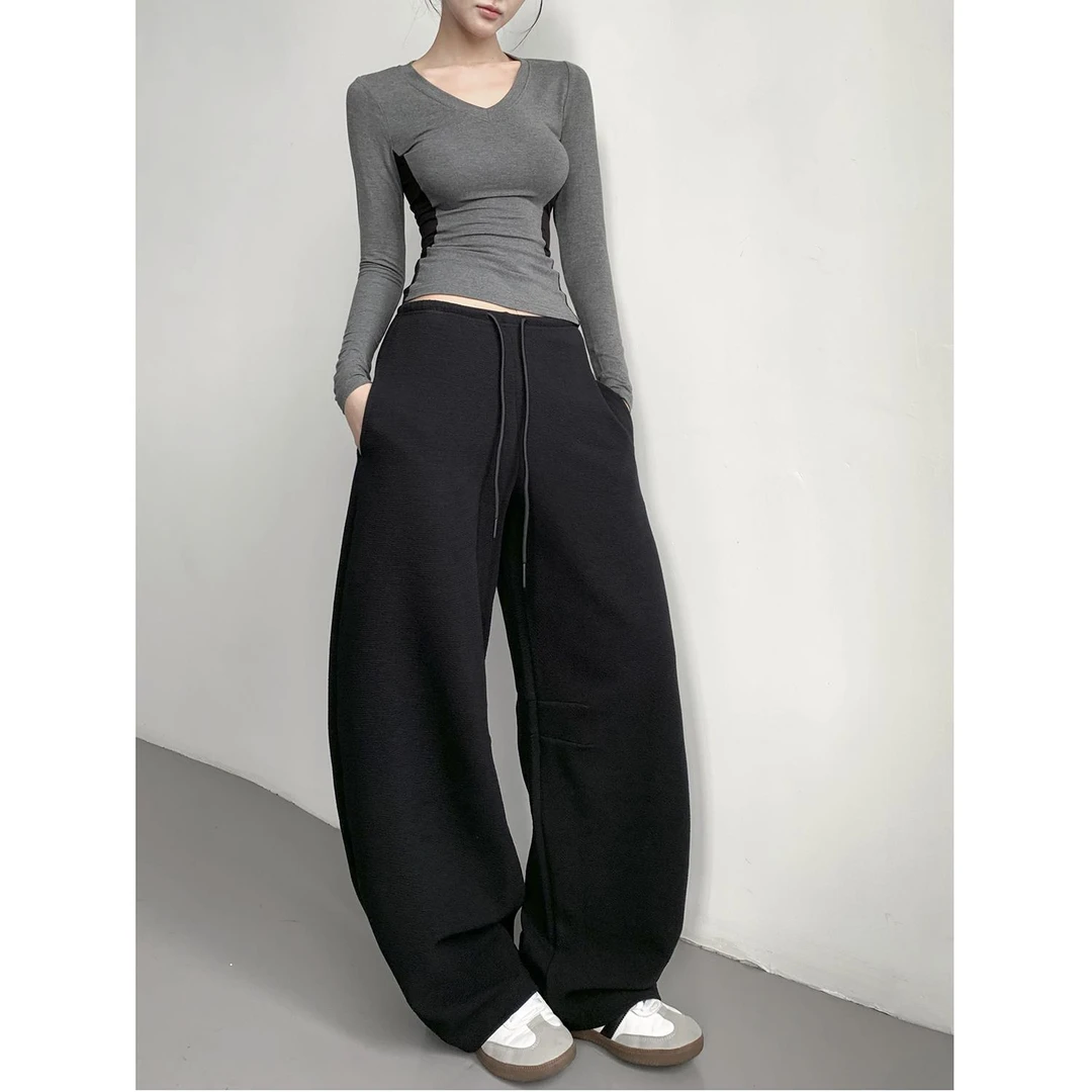 韩系休闲长裤慵懒加厚宽松卫裤女2025春季肌理感弧形窄腰头香蕉裤