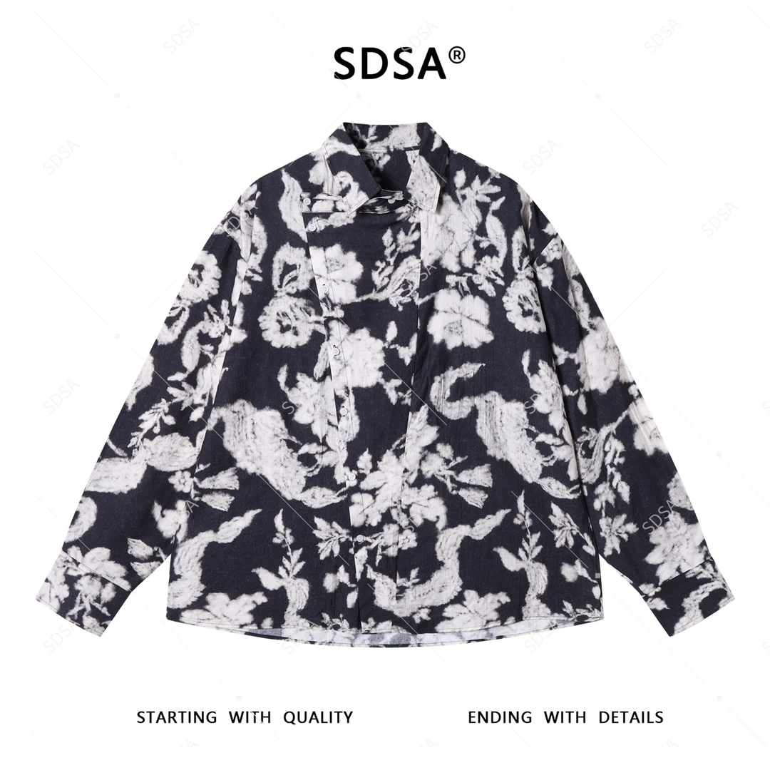 SDSA秋季新款男士痞帅小众复古碎花设计长袖衬衫百搭慵懒风衬衣