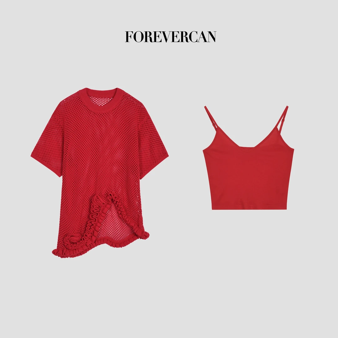 FOREVERCAN“玫瑰印迹”镂空网格编织立体花朵针织短袖上衣MY4702