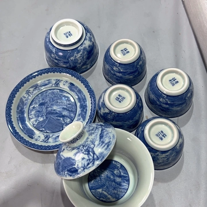 瓷片白青花清明上河图七件套全品