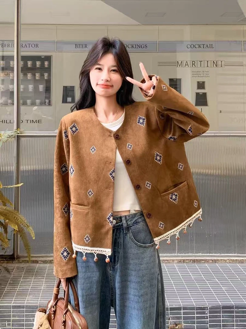 圆领女短外套姜黄女式夹克百搭复古开衫拼接轻奢老钱