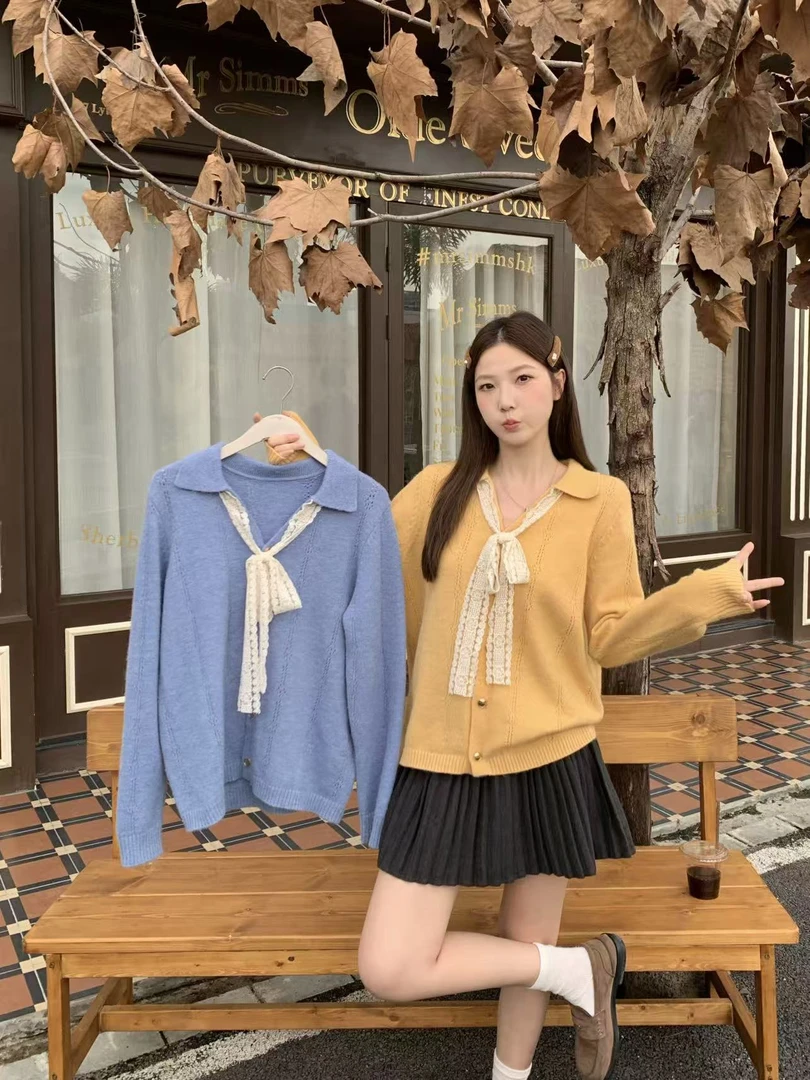 蕾丝系带针织开衫上衣女2025秋季新款大码胖mm时尚百搭设计感毛衣