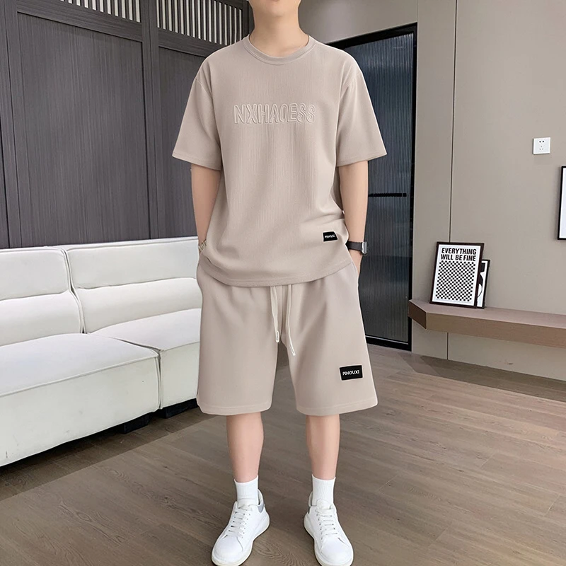 夏季短裤短袖潮流速干半袖夏装字母钢印圆领T恤休闲运动套装男士