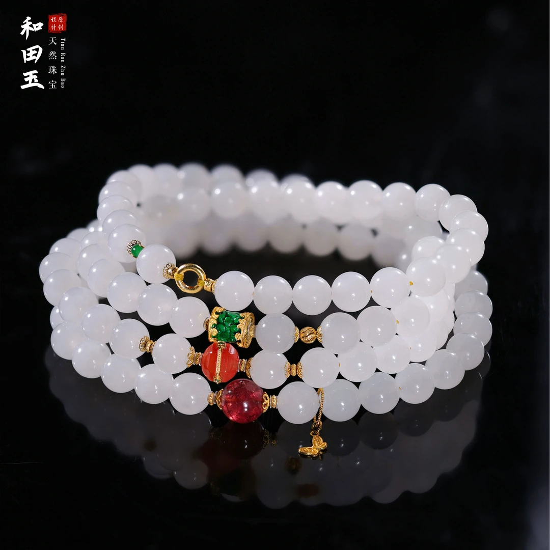 【桃总推荐】diy18k和田白玉圆珠多圈项链@@ZY40621012