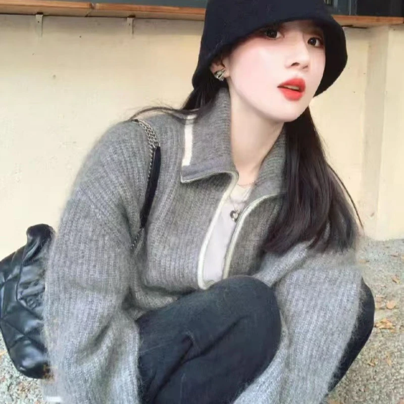 翻领100羊毛开衫女秋冬加厚立领针织毛衣撞色宽松拉链上衣外套