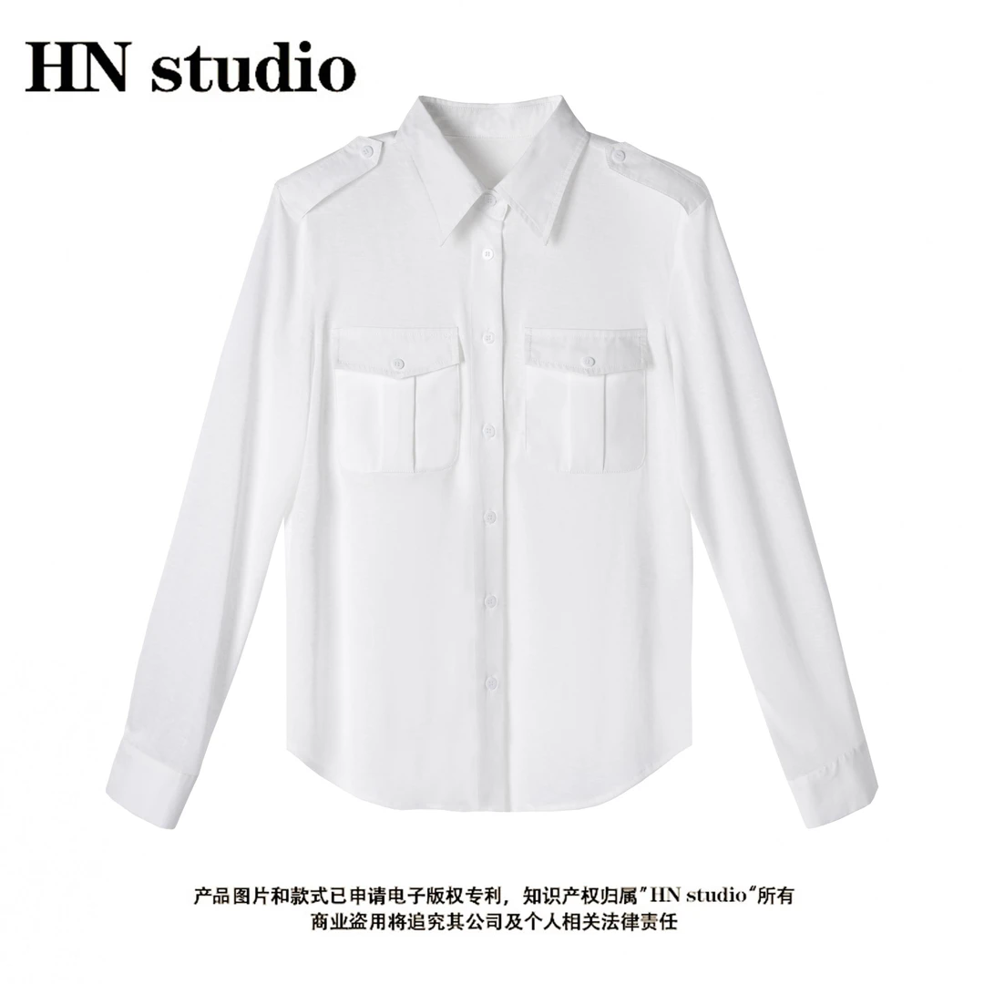 衬衫袖薄款云朵单排多扣纯色衬衫长袖女装白色上衣HN84017