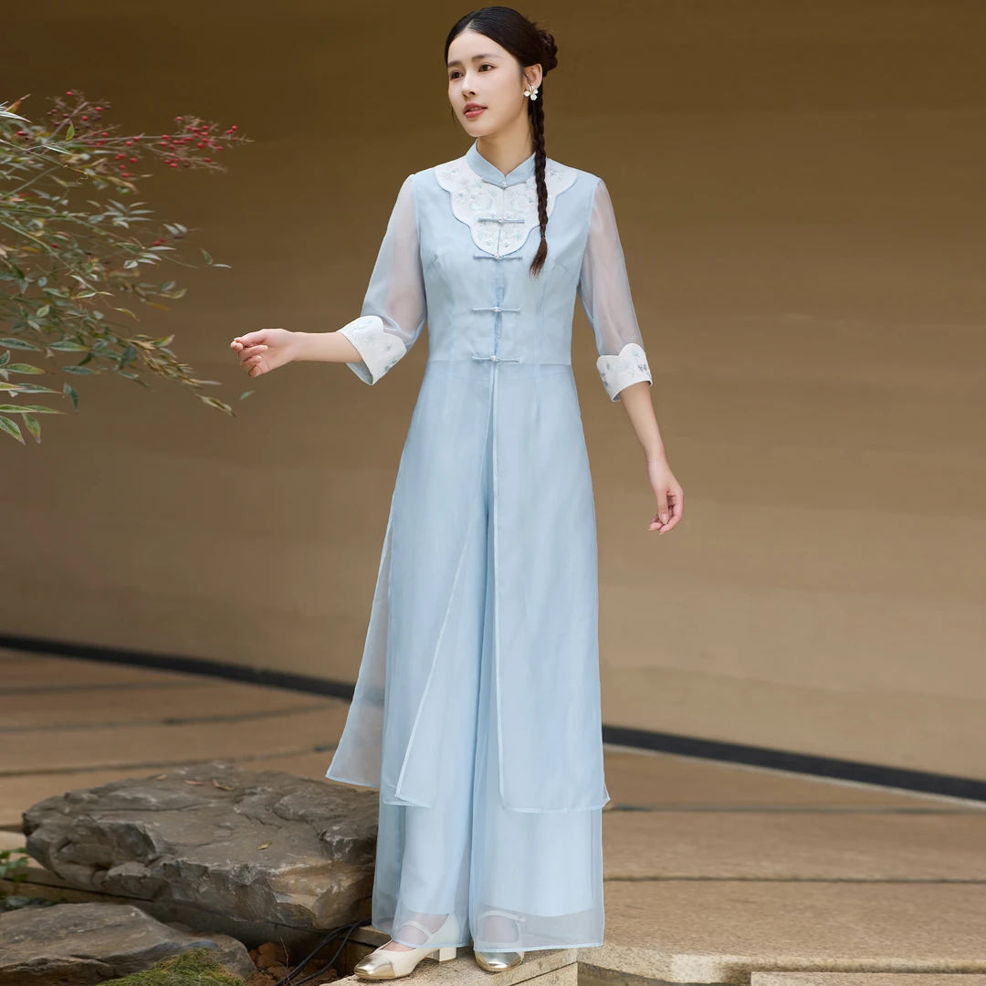 H020新中式女装新款国风高级唐装上衣旗袍套装女清冷感汉服连衣裙