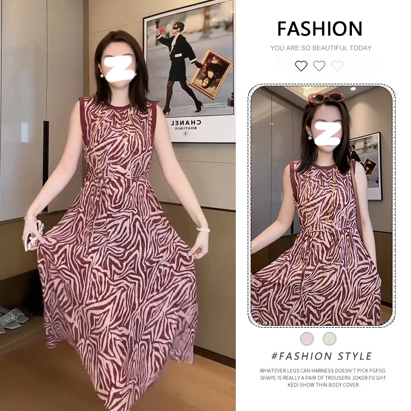 复古花纹无袖连衣裙女2025年夏季新款中长款收腰显瘦a字气质长裙