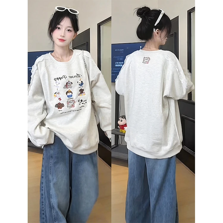 灰色小狗刺绣加绒卫衣女新款秋季蕾丝拼接宽松慵懒风无帽圆领上衣