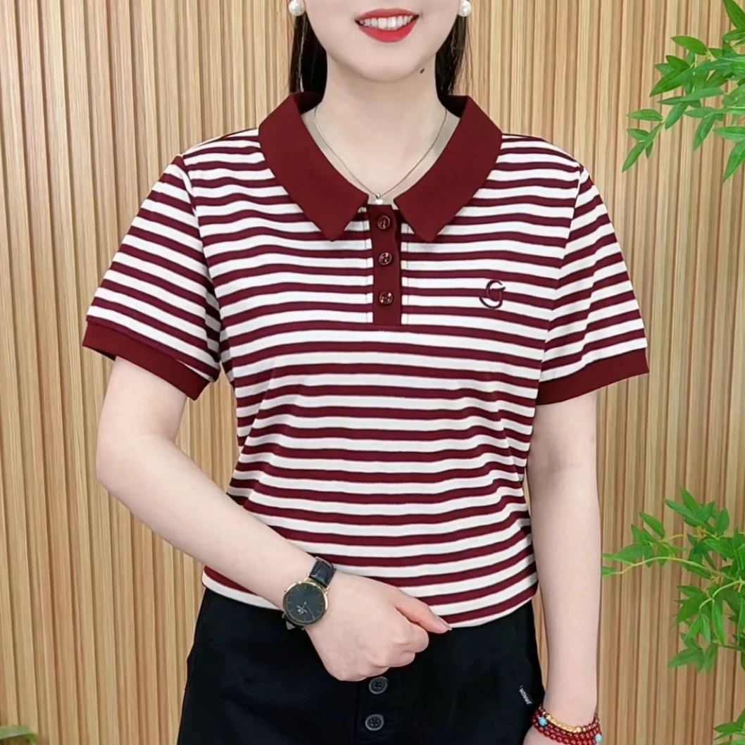 2025夏季新款短袖T恤娃娃领条纹洋气百搭休闲洋气时尚减龄上衣