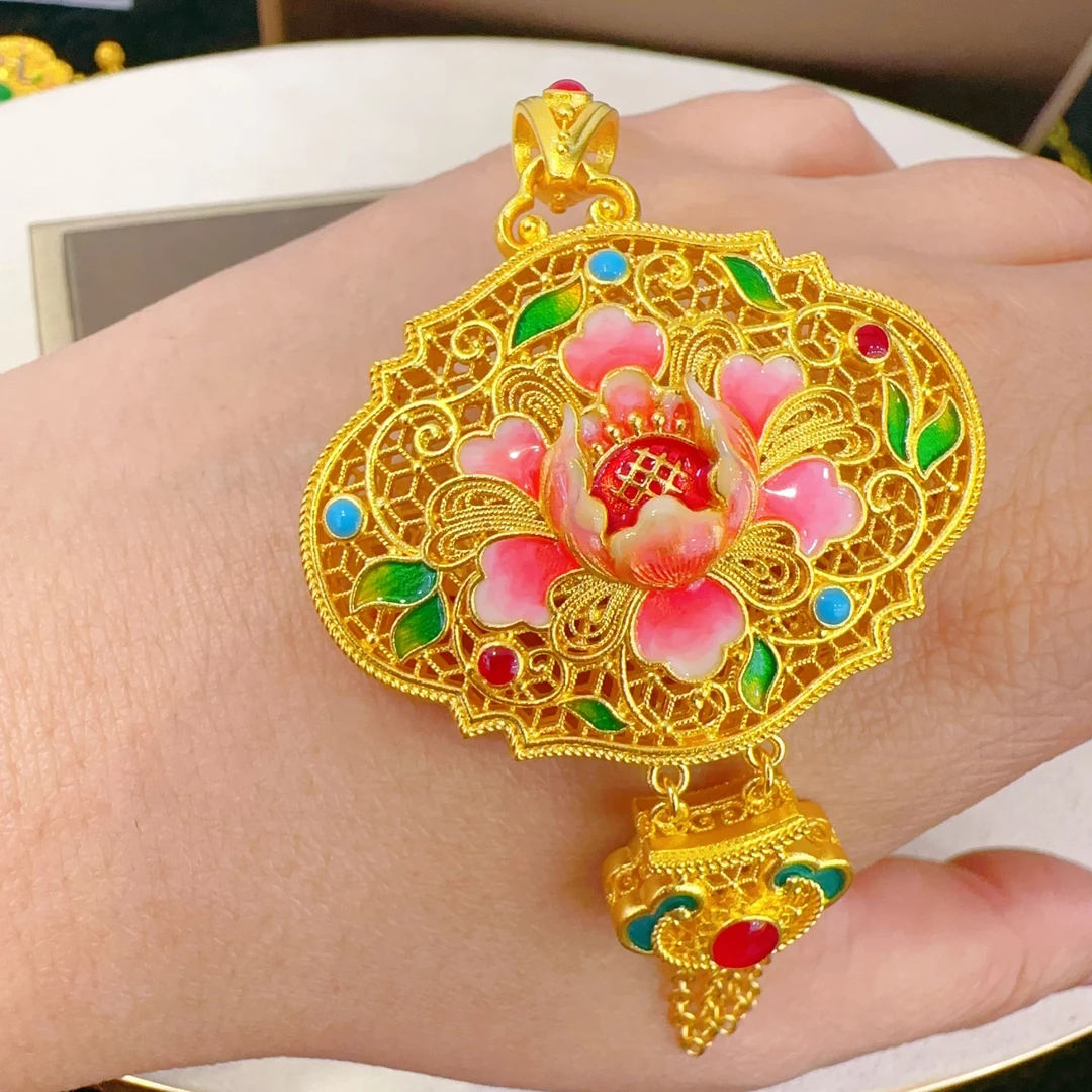 吊坠足银珐琅 花开富贵璎珞流苏吊坠