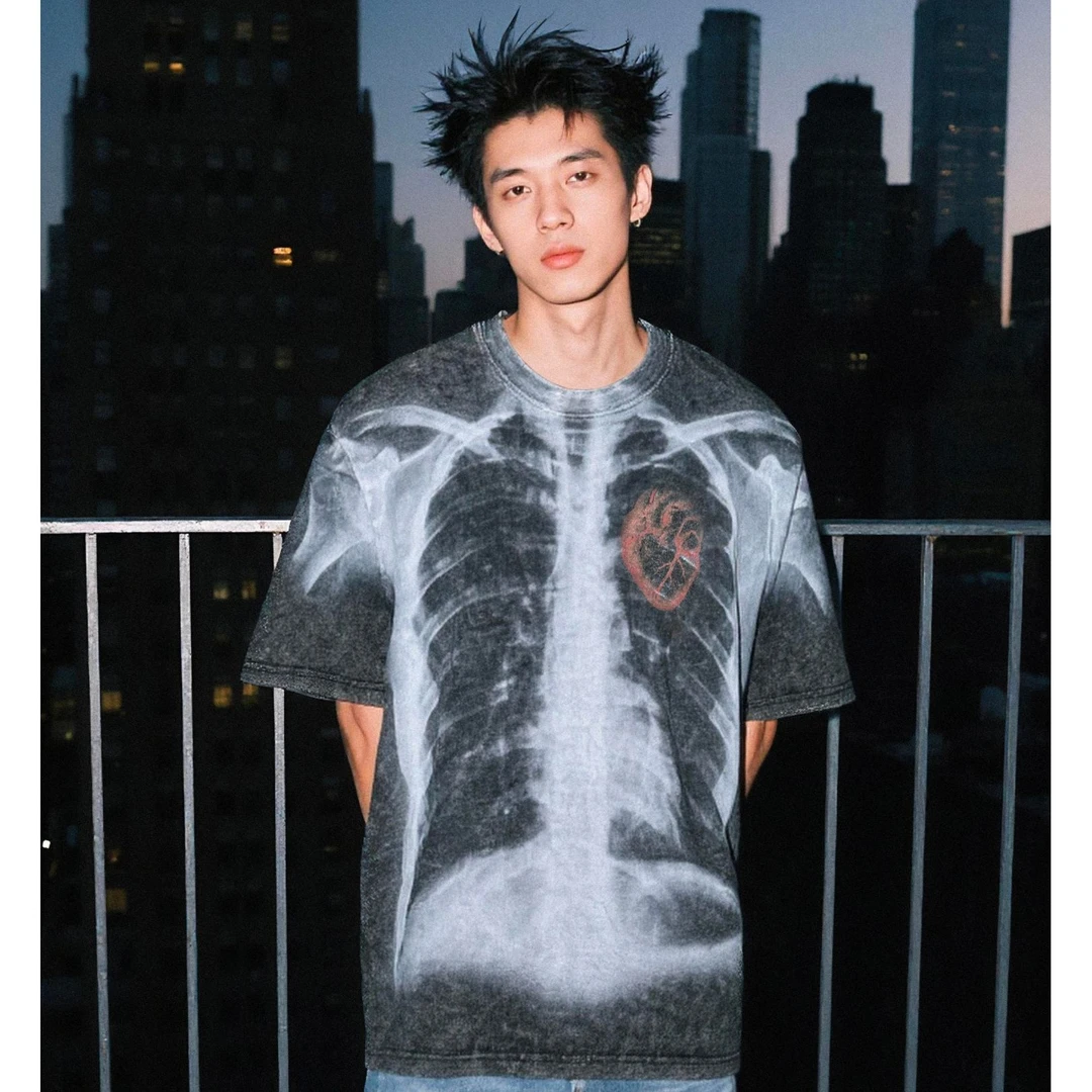 DCL FUTURE美式复古心脏骨骼短袖T恤男街头嘻哈vibe个性潮牌半袖