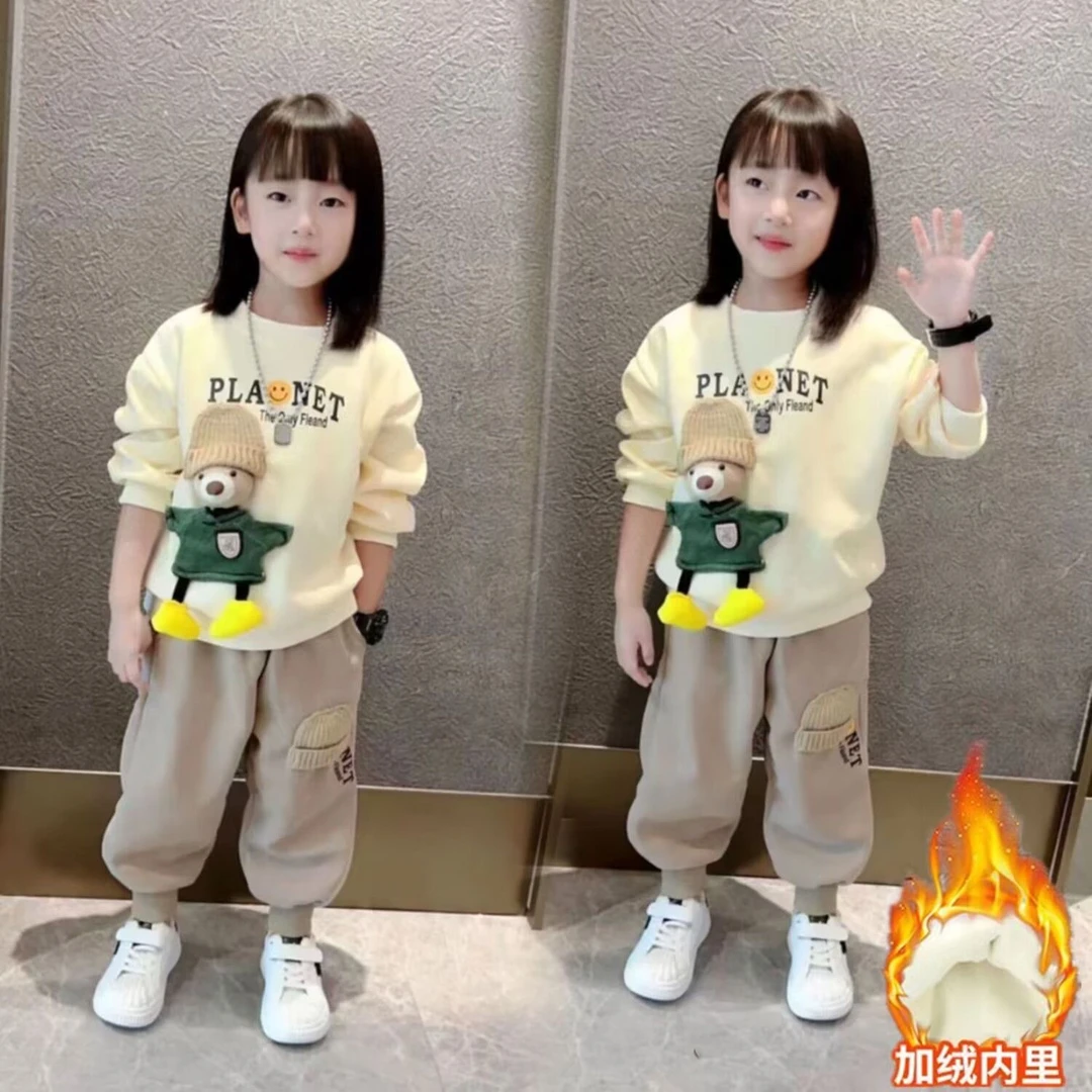 女童秋冬套装2025新款休闲运动加绒卫衣中大童春秋网红炸街两件套