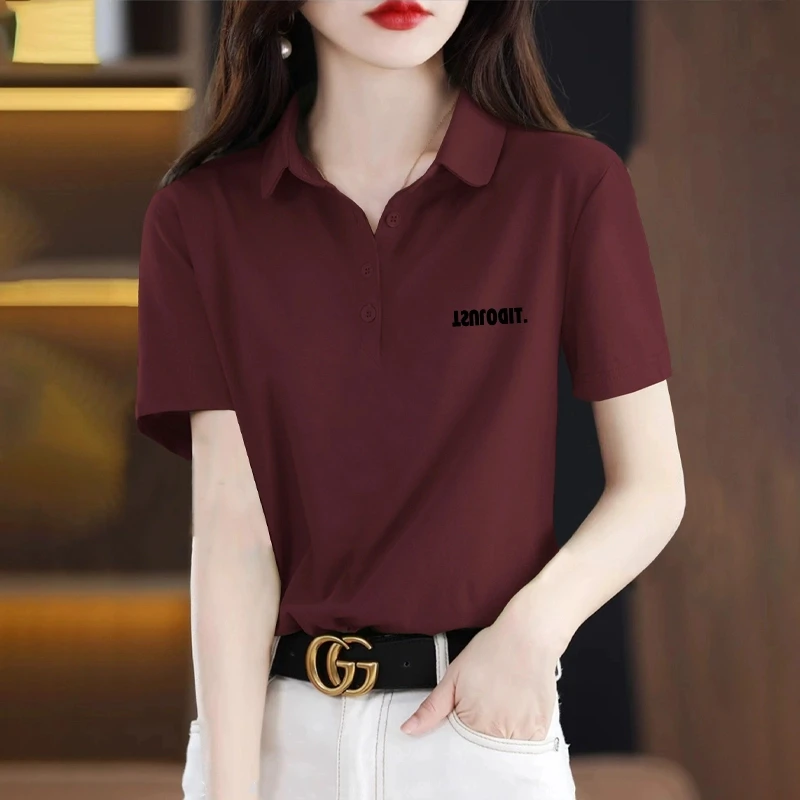 正肩短袖t恤女大码新款纽扣翻领宽松薄款夏装上衣百搭polo衫洋气