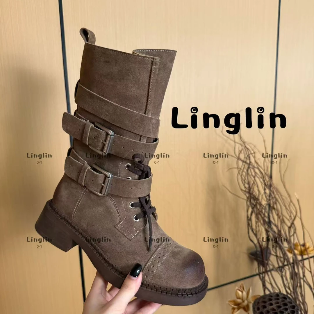【No退No换】玲lin25新款金属感机车靴真皮交叉设计前卫束缚美学