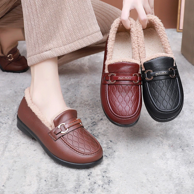 2025秋冬豆豆鞋女加绒保暖时尚休闲鞋平底懒人鞋一脚蹬妈妈鞋女