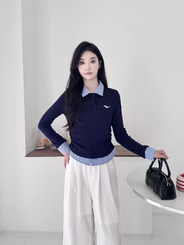 55188#衣长56#秋季新款韩式复古拼接假两件T恤女修身显瘦百搭上衣