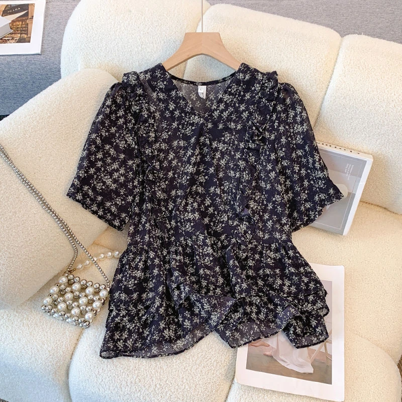 9305#法式洋气碎花雪纺小衫女时尚V领荷叶边上衣宽松遮肚短袖衬衣