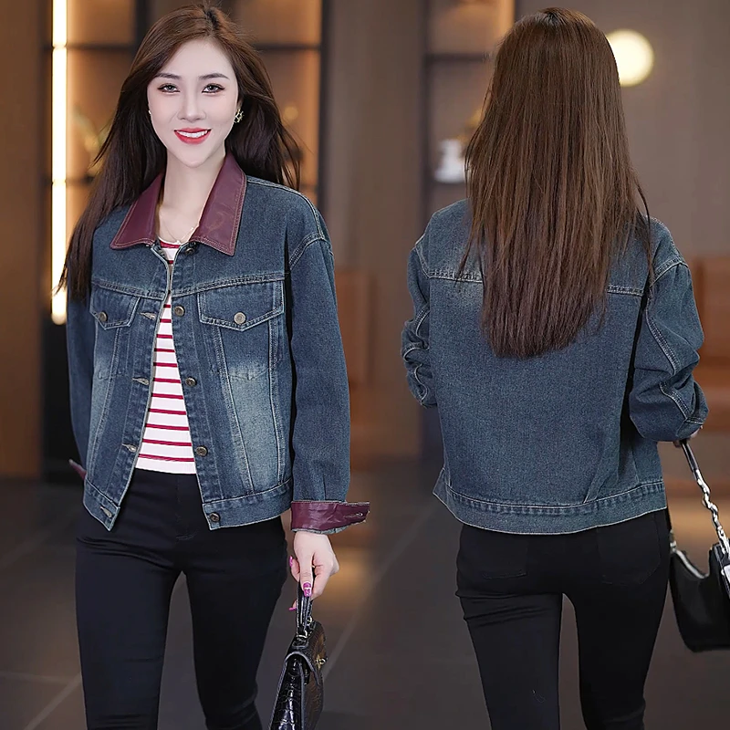 2025秋季新款复古拼皮水洗牛仔外套女宽松设计感百搭外穿夹克上衣