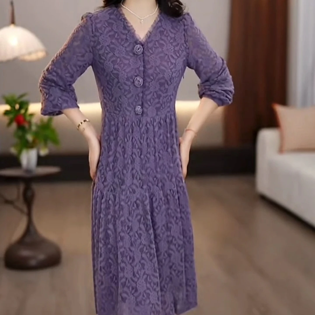 时尚气质收腰显瘦修身紫色V领女人味十足中长款打底连衣裙