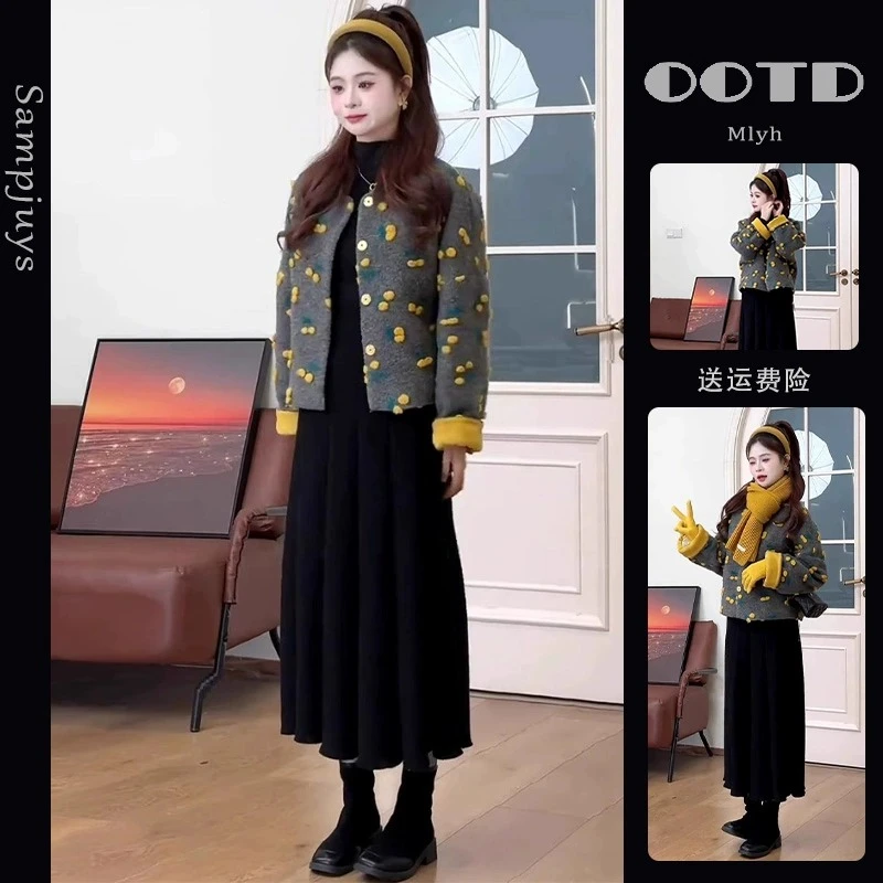 一整套深冬穿搭小香风套装韩系高级感短款棉服外套半身裙两件套装