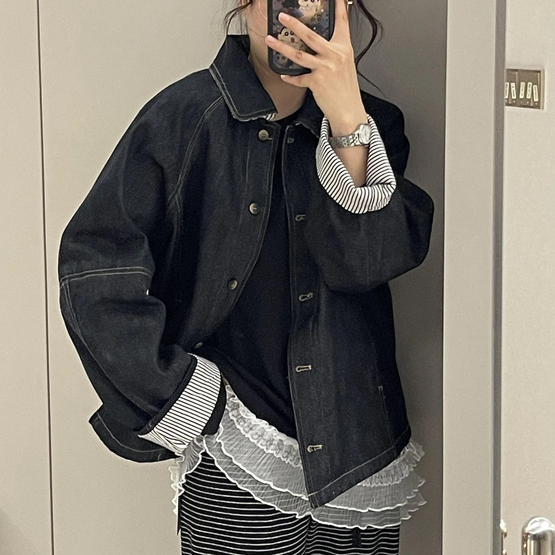 港风袖口拼接春秋牛仔外套宽松休闲明线设计长袖显瘦夹克女上衣