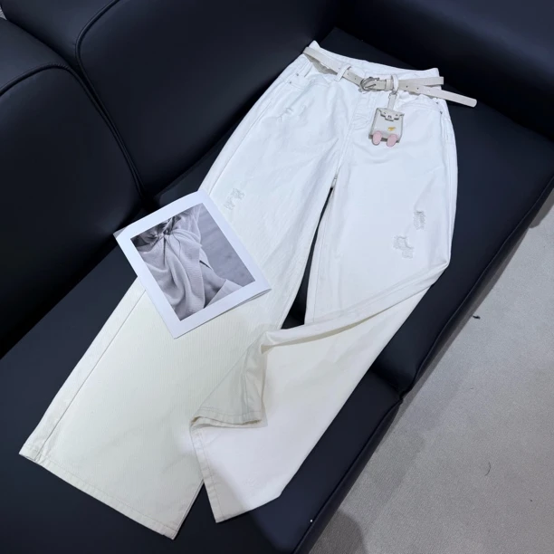 KW【破洞阔腿】南油欧货设计师款白色阔腿牛仔裤宽松显瘦百搭时尚