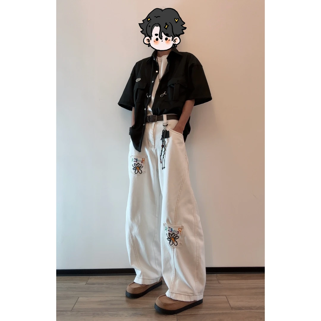 美式高街解构白色弯刀牛仔裤潮牌水洗多口袋cleanfit设计感阔腿裤