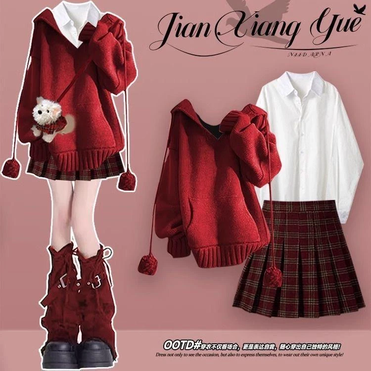2025春秋过年穿搭一整套女韩系红色毛衣女衬衫短裙三件套装拜年服