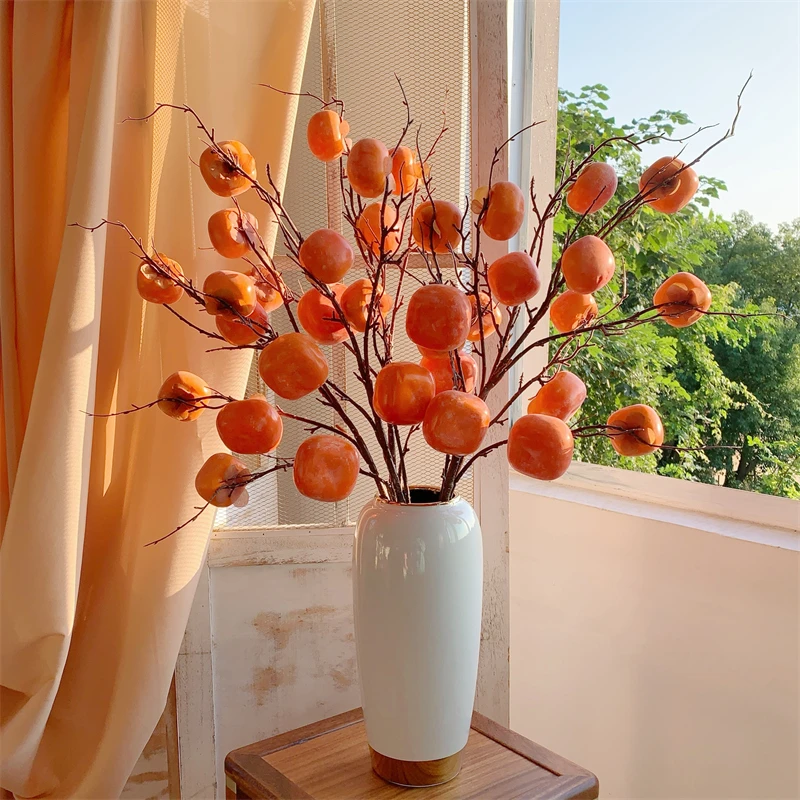 仿真柿子树枝柿柿如意装饰品客餐厅桌面摆件插花年宵花卉假干花束