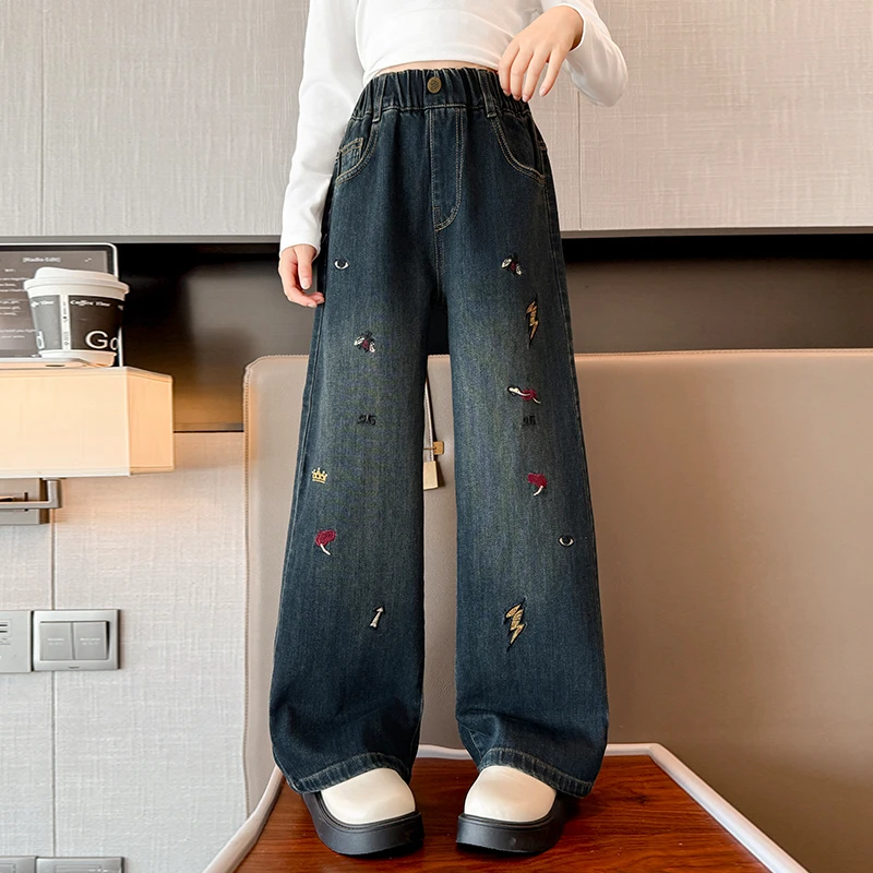 女大童牛仔阔腿裤秋季洋气刺绣裤子6-12岁新款儿童显瘦直筒裤春秋