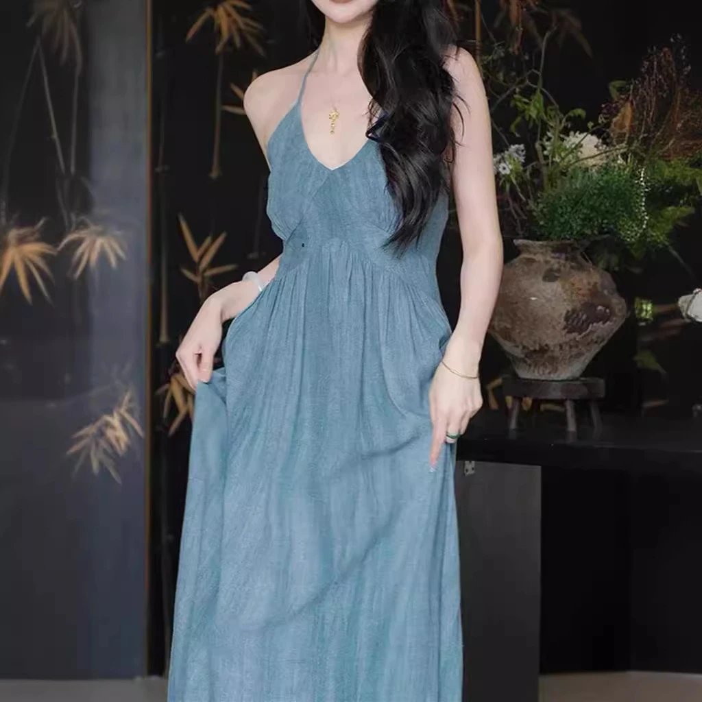 天青色等烟雨2025夏季新款V领国风吊带收腰气质亚麻中长款连衣裙
