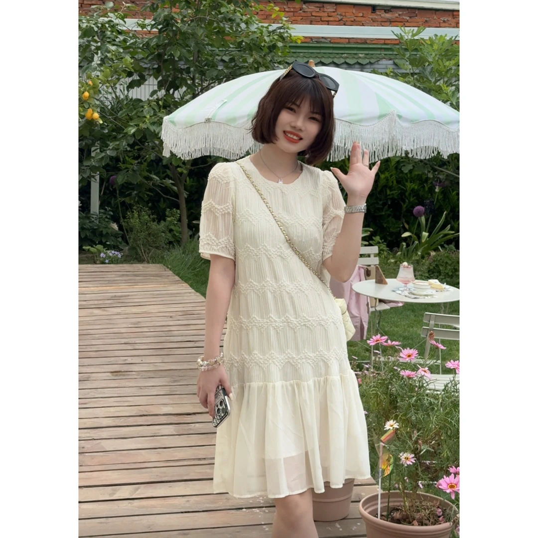 玳妮【香妃裙】夏季 圆领重工压褶荷叶拼接连衣裙 凉爽休闲时尚长裙