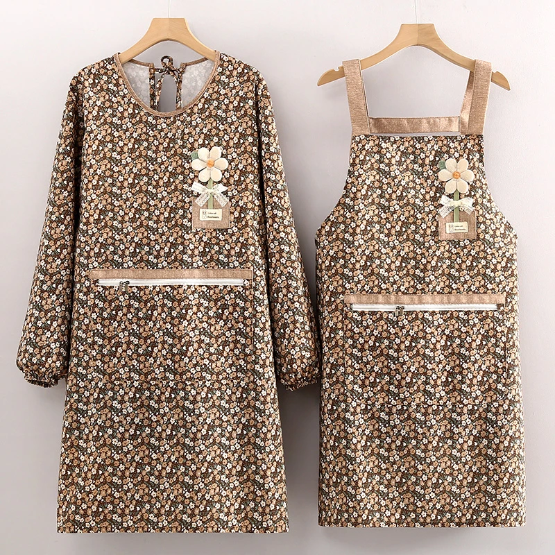 新款时尚碎花田园风背带围裙透气防污家用厨房餐饮上班长袖工作服