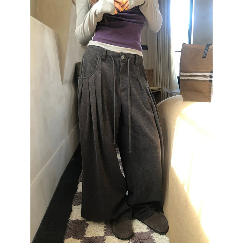 慵懒感灰色毛呢云朵裤子女2025秋冬新款高腰抽绳休闲阔腿裤