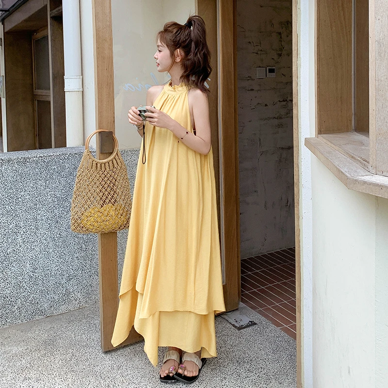 法式减龄黄色不规则无袖背心连衣裙女2025夏季新款甜美显瘦长裙子