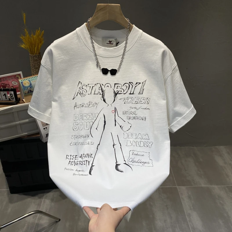 2025新款纯棉夏季男士潮牌重磅宽松短袖T恤圆领印花复古痞帅半袖