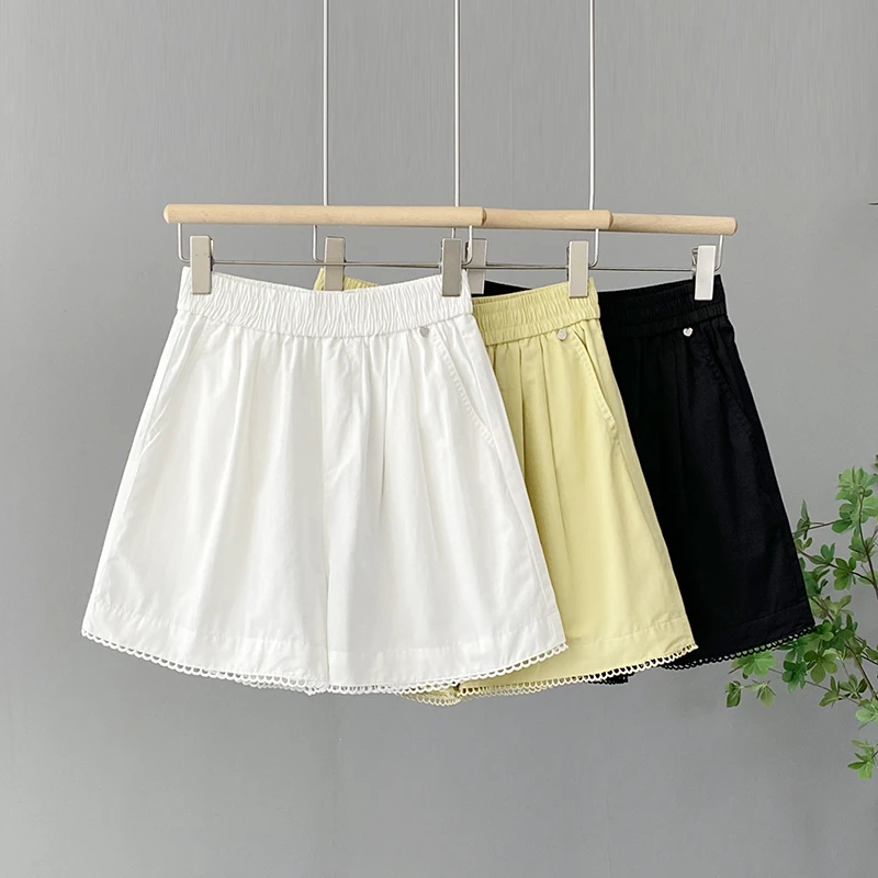 夏季百搭高腰显瘦宽松百搭松紧腰蕾丝拼接阔腿休闲外穿a字短裤女