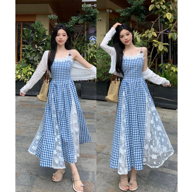 大码2025春夏海底信筏气质格子蕾丝显白修身碎花吊带连衣裙小开衫