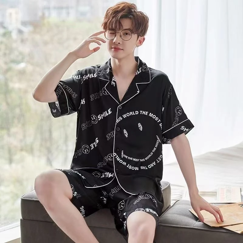 夏季男士睡衣高级感冰雪丝短袖短裤薄款开衫宽松韩版时尚家居服