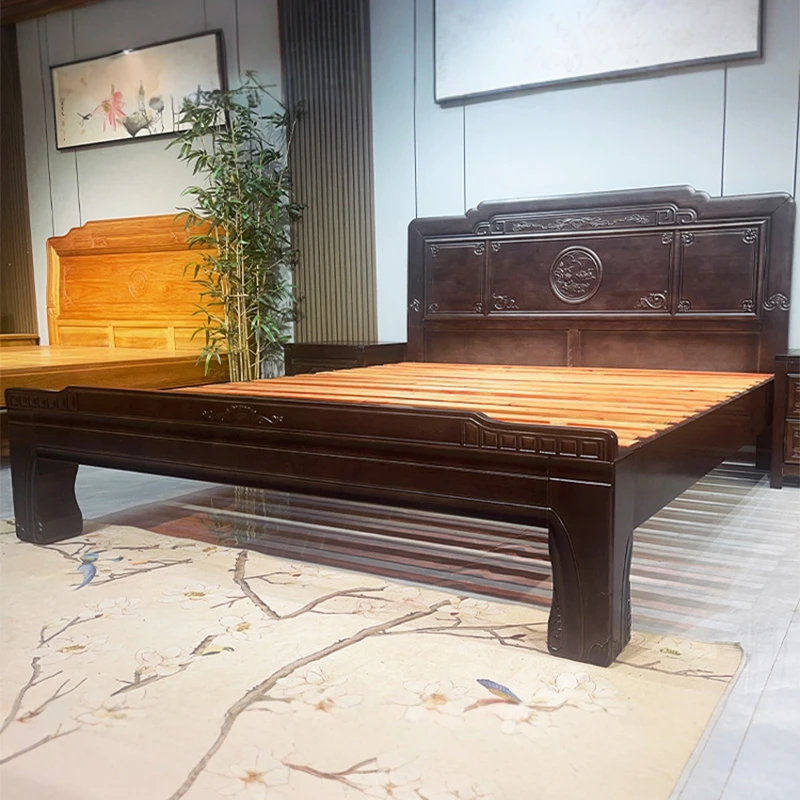 【大促孔雀款】紫檀色新中式花鸟木床新古典榫卯结构落地儿童实木床