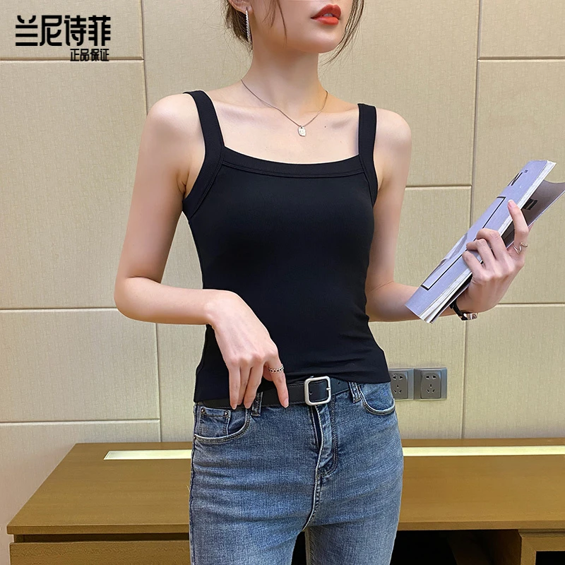 兰尼诗菲白色螺纹方领吊带2025新款背心女夏季美背无袖打底潮上衣