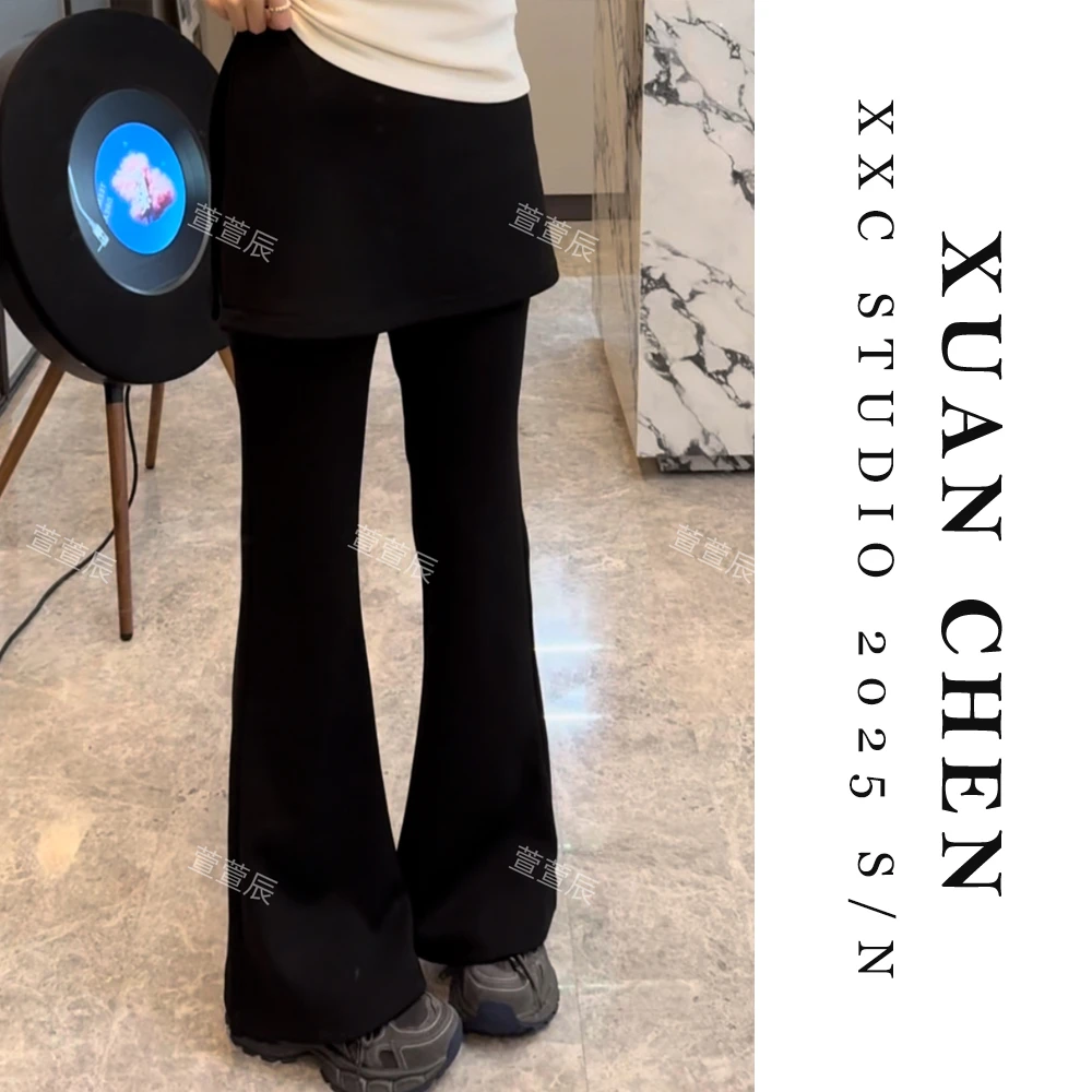 【黑棱裤裙】冬季加绒休闲裤显瘦微喇叭裤黑色百搭屁帘裤#9103