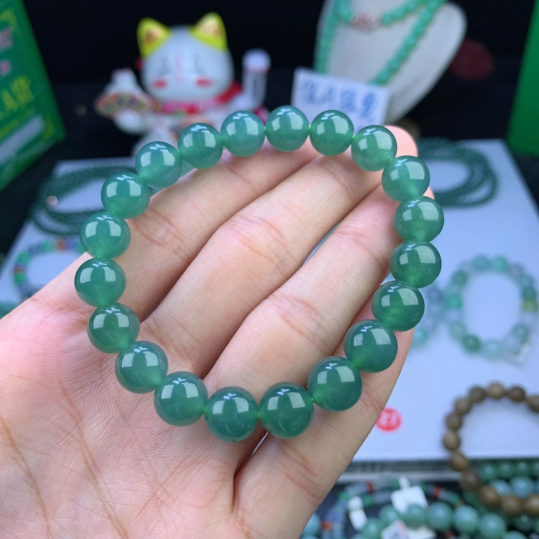 正品天然翡翠A货 高冰起胶满绿翡翠手串10mm高冰时尚绿色手串