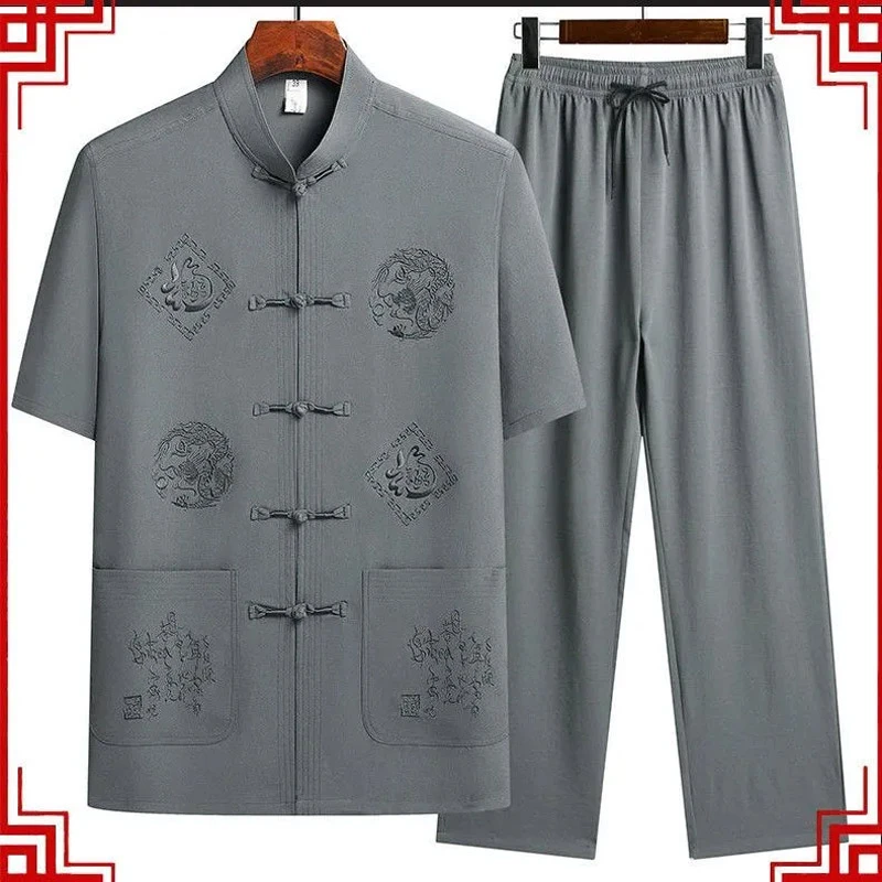 爆款 福龙刺绣 中老年男装爸爸短袖冰丝唐装套装中国风爷爷6FF