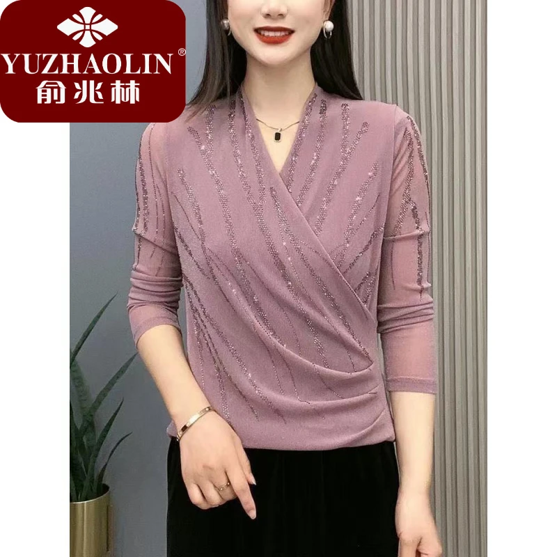 俞兆林2025春夏新款交叉领简约气质妈妈装纯色烫钻洋气母亲节服装