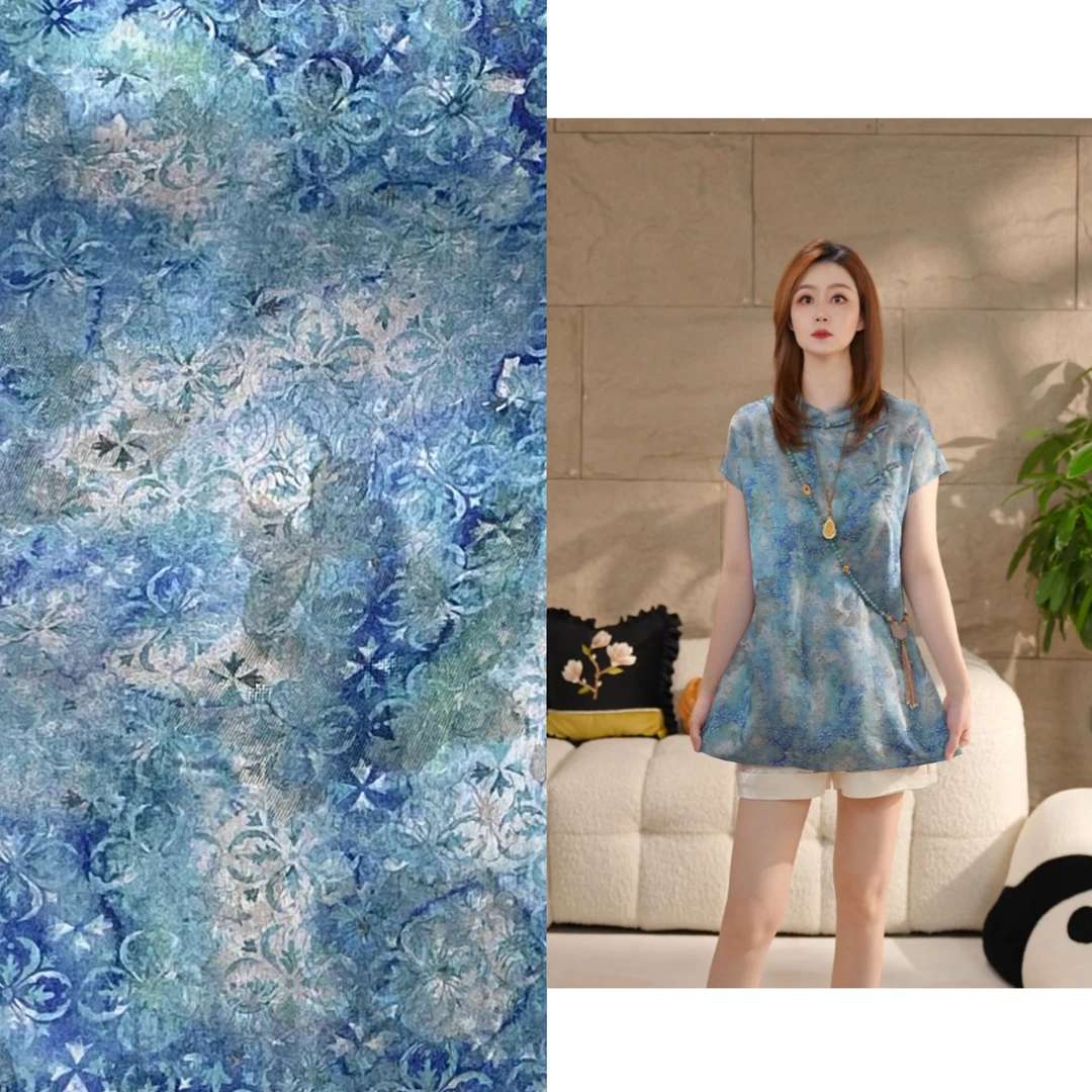 Miss.Z【蓝色星空】夏季织金人丝新中式斜襟盘扣衬衣#c7046