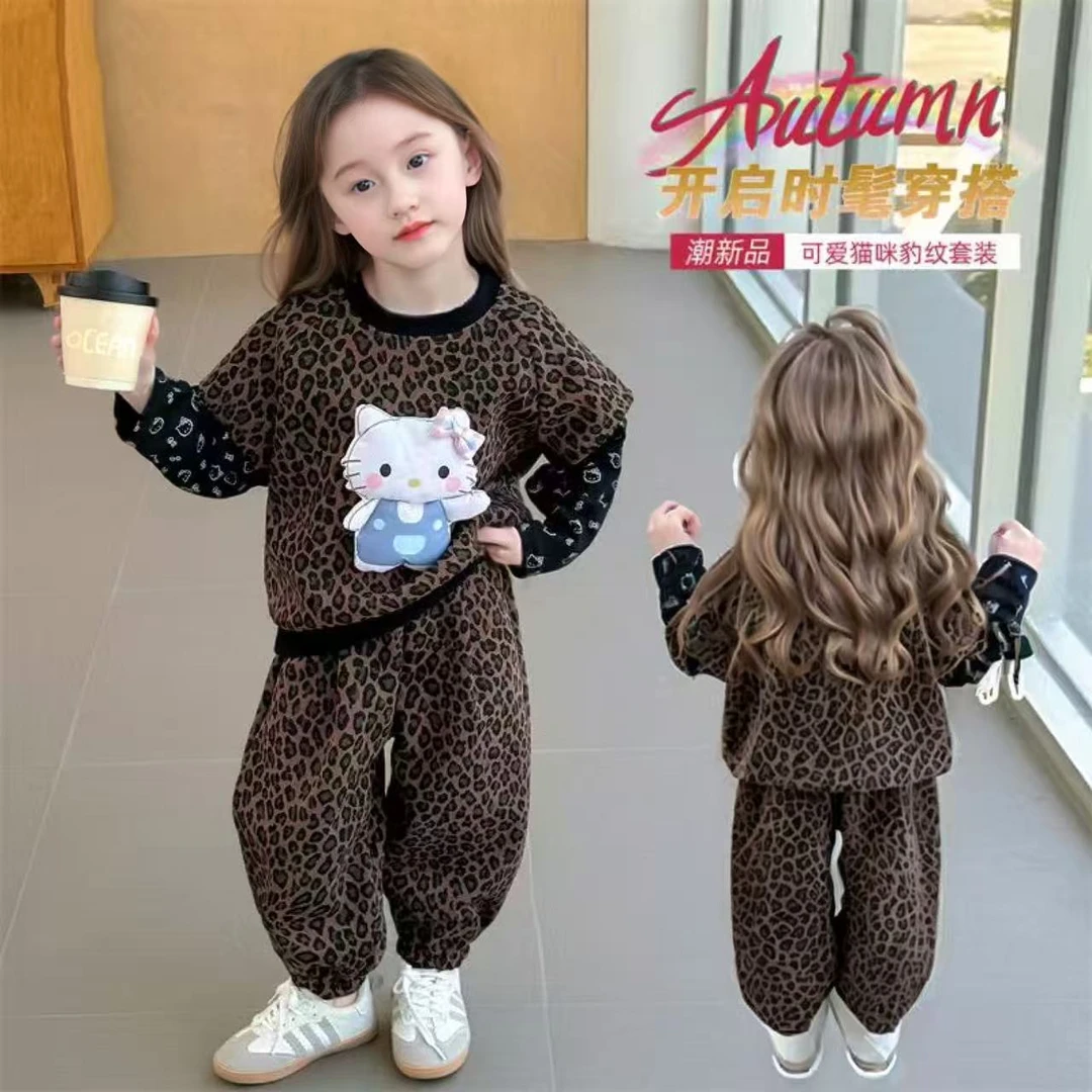 女童豹纹猫咪卫衣套装2025秋季新款儿童假两件宝宝秋款衣服童装