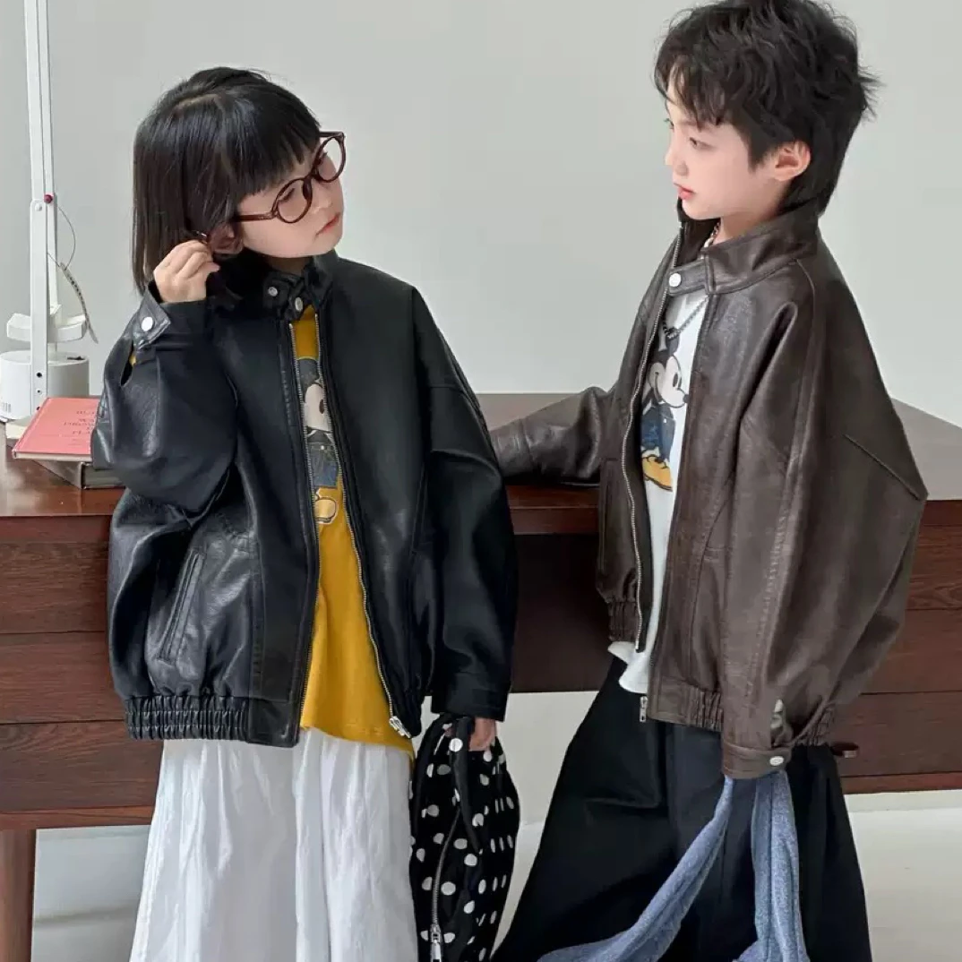 皮衣童装极简风立领韩版黑色拉链衫春秋外套夹克女